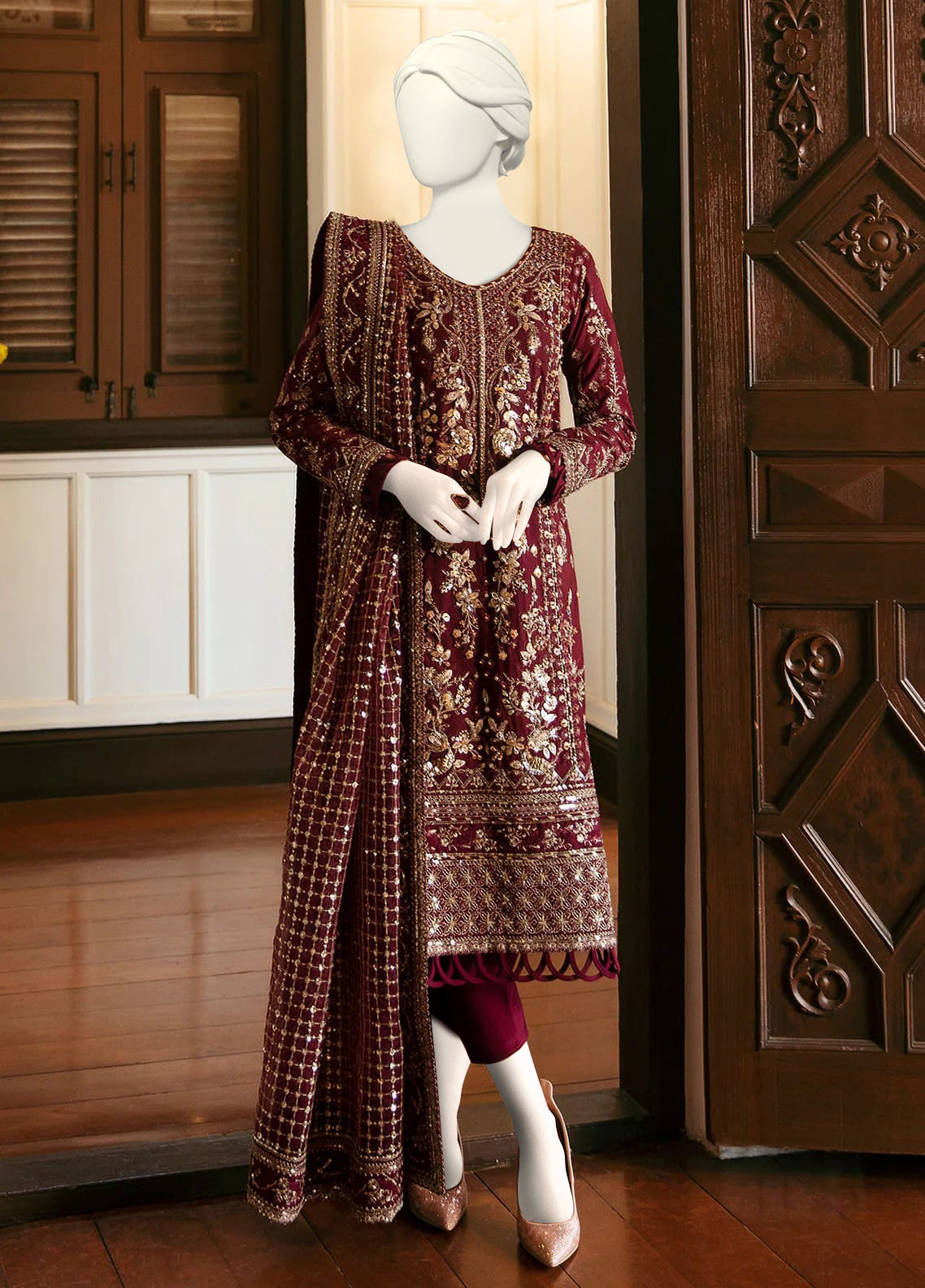 MEHROON SEMI PURE CHIFFON EMBROIDERED SHIRT,