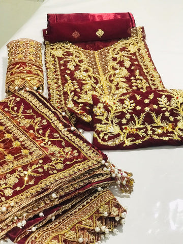 MEHROON SEMI PURE CHIFFON EMBROIDERED SHIRT,