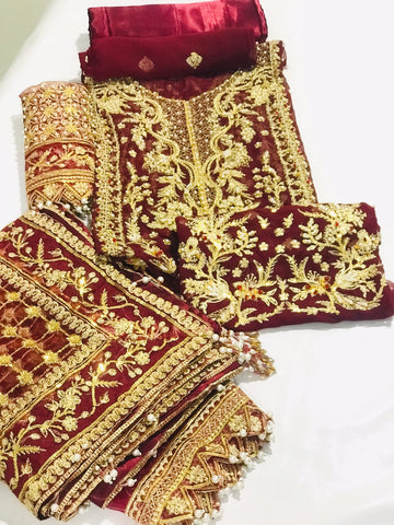 MEHROON SEMI PURE CHIFFON EMBROIDERED SHIRT,